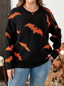 SHEIN Clasi 加大码万圣节蝙蝠图案保暖圆领毛衣，适合派对、家居服和秋冬季外出 - 彩色 - 查看 5