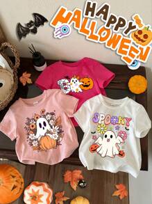 SHEIN 3pcs/Set Baby Girl Halloween Casual Cute Cartoon Pumpkin, Flower, Ghost Graphic Pink & White Short Sleeve Loose Round Neck Top, Suitable For Summer - Multicolor - View 1