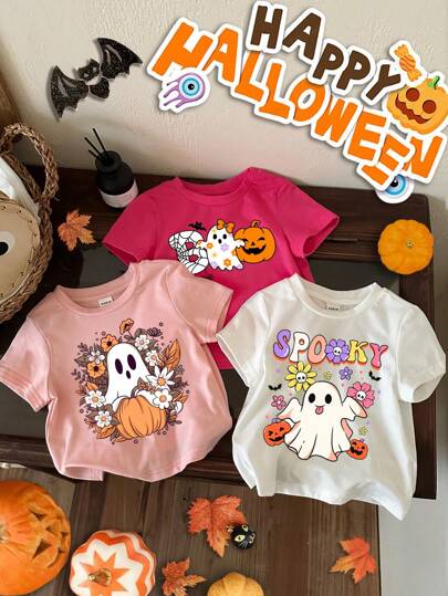 SHEIN 3 件套女婴万圣节休闲可爱卡通南瓜、花朵、幽灵图案粉色和白色短袖宽松圆领上衣，适合夏季