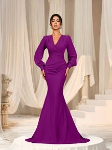 Faeriesty Women Elegant Elegant Cross-Over V-Neck Lantern Sleeve Mermaid Hem Dress - Sophisticated Timeless Design For Spring/Summer Weddings, Galas, Red Carpet Bridesmaid Dress,Summer Holiday Outfits - Purple - View 5