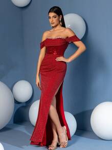 紧身露肩荷叶边亮片露肩舞会礼服 - 紅色 - 查看 7