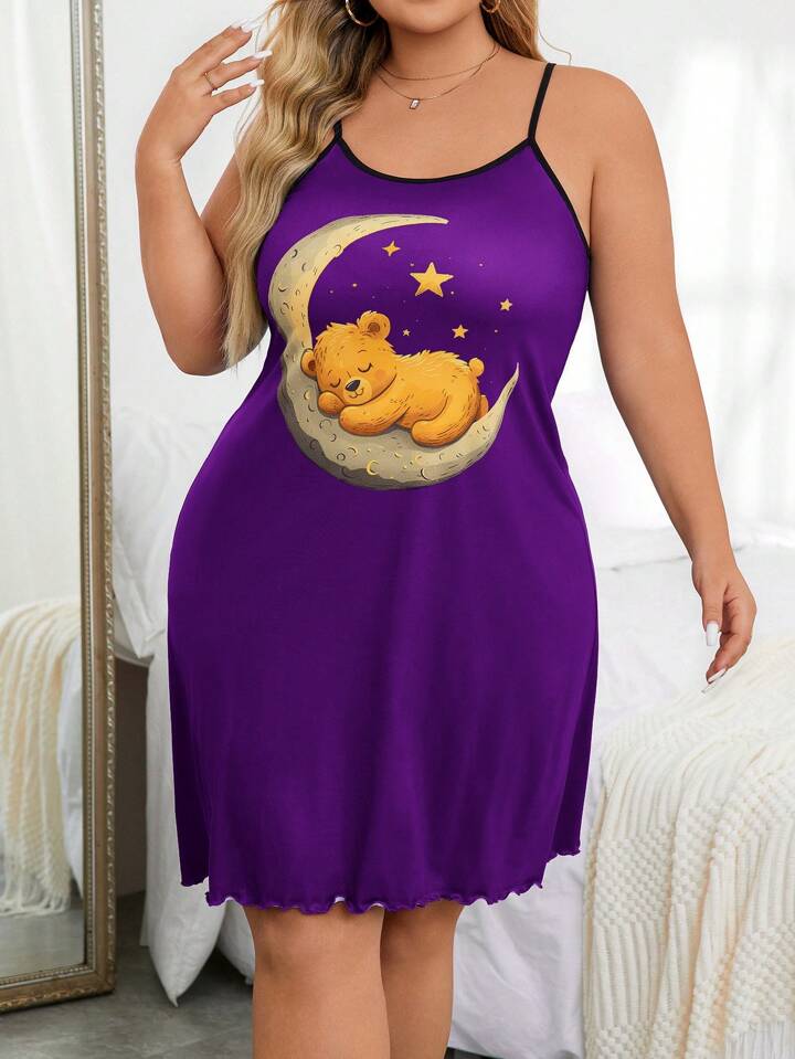 Plus Size Women Bear Print Cami Nightgown