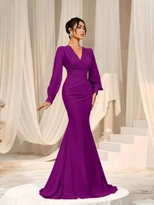 Faeriesty Women Elegant Elegant Cross-Over V-Neck Lantern Sleeve Mermaid Hem Dress - Sophisticated Timeless Design For Spring/Summer Weddings, Galas, Red Carpet Bridesmaid Dress,Summer Holiday Outfits - Purple - View 7