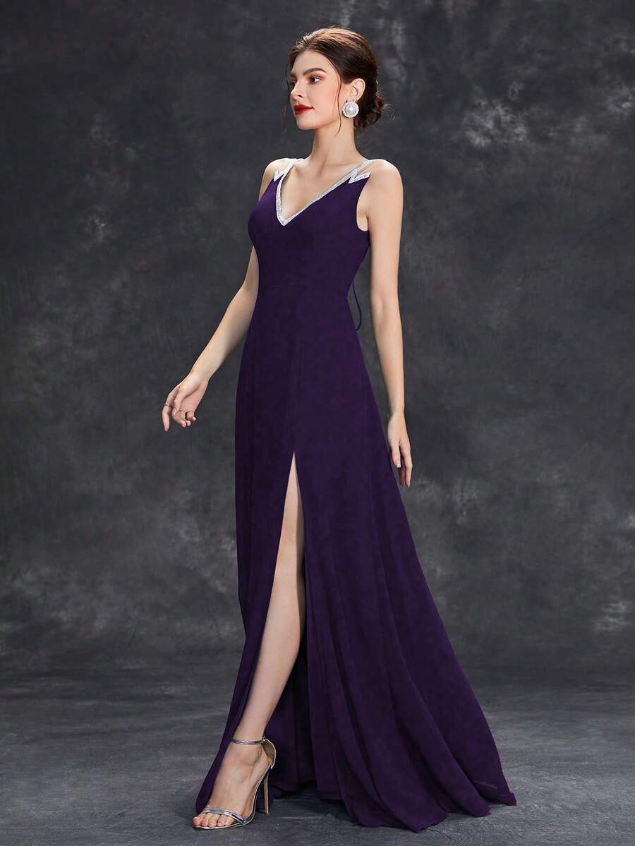 V-Ausschnitt Kleid mit Pailletten-Besatz und A-Linie aus Chiffon - Violett - Übersicht 1