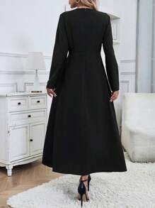 SHEIN Clasi 女式纯色系带领长袖连衣裙，春夏 - 黑色 - 查看 2