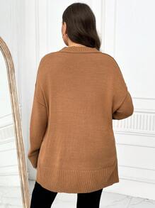 SHEIN LUNE Plus Size Women's Solid Color Crew Neck Long Sleeve Sweater, For Winter Knit Pullover Fall - Khaki - View 2