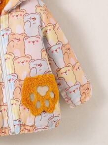 SHEIN Baby Boy Front Zipper Long Sleeve Allover Bear Print Fuzzy Pocket Hoodie, Casual Everyday Wear