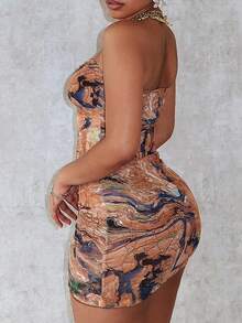 Women's Mesh Print Strapless Slim Fit Sexy Party Date Night Club Mini Outfit Valentine's Day - Brown - View 3