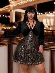 Allurite V-Neck Long Sleeve Lace-Up Velvet Sequin Plus Size Dress Fall Cloth For Women