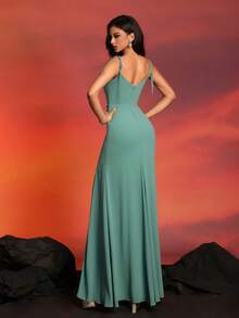 New Luxury Fashion Lady's Slim Fit Solid Color Spaghetti Strap High Slit Fish Tail Evening Dress - Mint Green - View 2
