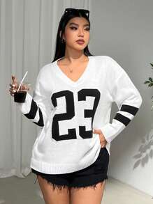 SHEIN EZwear Áo len chui đầu họa tiết thể thao thu đông cỡ lớn 23 cho nữ - trắng - Xem 3