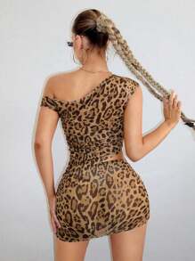 SHEIN SXY 網眼透視豹紋不對稱單肩女性兩件套裝 - 彩色 - 查看 2