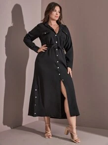 RueChic 女式加大翻领前扣和边缘系带黑色连衣裙