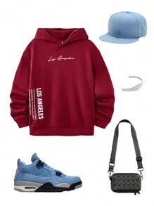 SHEIN Leap Crew 1 件青少年男孩休闲宽松街头风格文字印花连帽运动衫，适合秋冬季