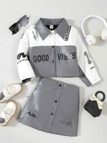 SHEIN 2 件套年轻女孩 PU 皮革灰色和白色手印翻领纽扣前短款夹克 + 手印黑色细节裙子，秋冬 - 深灰色 - 查看 1