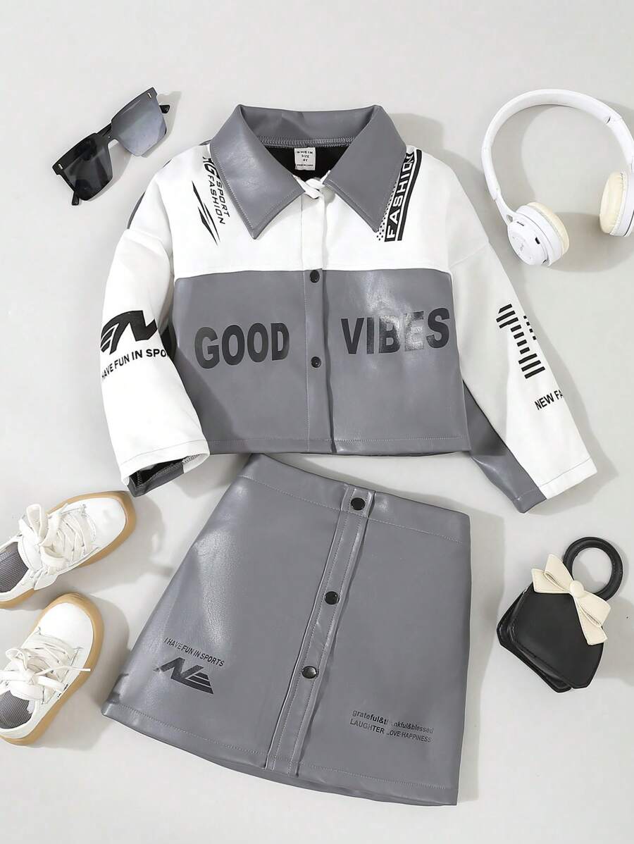SHEIN 2 件套年轻女孩 PU 皮革灰色和白色手印翻领纽扣前短款夹克 + 手印黑色细节裙子，秋冬 - 深灰色 - 查看 1