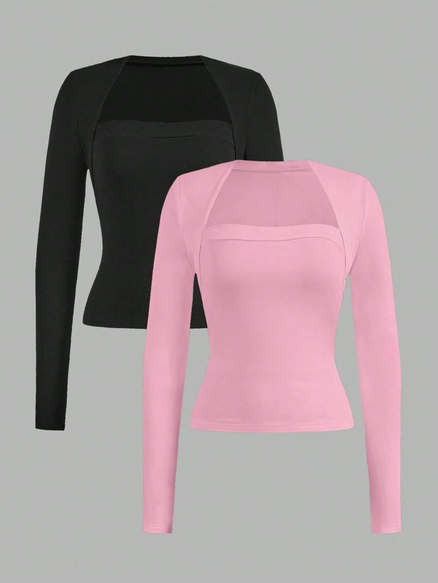 SHEIN EZwear 2 件套女士休闲修身长袖 T 恤，黑色和粉色，适合秋冬季 - 彩色 - 查看 1