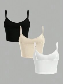 SHEIN EZwear 3件套黑色、白色、杏色紧身露脐休闲吊带背心，适合夏季穿着 - 彩色 - 查看 2