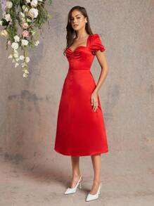 L'Amorae Button Decor Puff Sleeve Dress For Summer