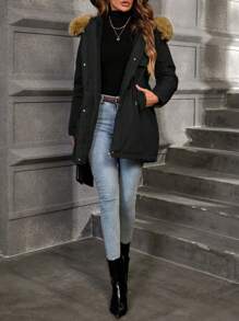Aveloria Women's Solid Color Drawstring Waist Fluffy Hooded Casual Padded Padded Coat, Winter Clothes 
