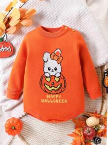 Pelele con mangas largas con aplicación de conejito de calabaza para niñas bebés, lindo diseño de calabaza naranja para fiesta de Halloween - Naranja - Ver 1
