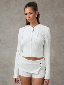 SHEIN BAE Femmes unicolore Zip à capuche Manches longues Chandail décontracté Chandail Cardigan Chandail Femmes Cardigans Femmes pull à capuche Chandails d'automne Parementure texturée Zip Cardigan femme est hypoallergénique et doux