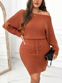 SHEIN Clasi Plus Size Casual Solid Color Batwing Sleeve Sweater Dress, Spring/Autumn Fall Cloth For Women - Coffee Brown - View 4