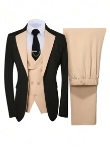 Calvornis 3pcs Men's Contrast Color Long Sleeve Suit Jacket + Double-Breasted Waistcoat + Suit Pants Suit Set
