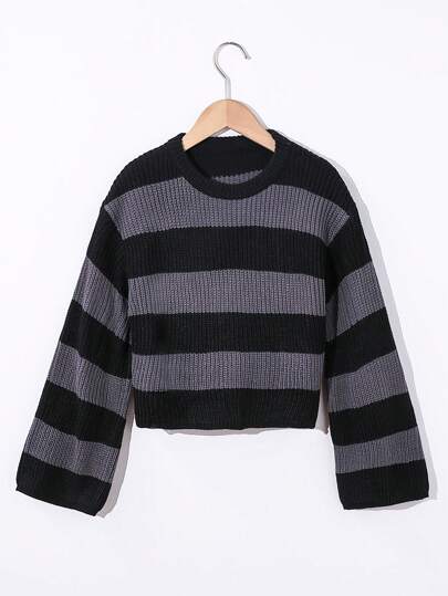 Sparklyn Tween Girl This Cool Casual Black And Gray Striped Sweater Is An Ideal Choice For The Halloween Season, Showcasing A Fashionable And Fun Style. The Striped Design Adds A Relaxed Feel, While The Black And Gray Tones Exude A Cool Vibe. The Sweater May Be Made Of Soft, Comfortable Fabric, Suitable For Wearing In The Fall. With A Distressed Design That Is Full Of Street-Style Flair, This Sweater Provides A Fashionable Option For Participating In The Joyful And Humorous Atmosphere Of Halloween Parties Or Events. Paired With Jeans Or Casual Pants, It Creates A Carefree Yet Stylish Look. This Sweater Allows Tween Girl To Express Their Cool, Fashionable Style During The Halloween Season, Letting Them Radiate Their Unique Personalized As They Celebrate The Holiday.