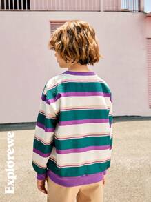 SHEIN Explorewe 青少年男孩休闲宽松条纹圆领运动衫，秋季 - 彩色 - 查看 2