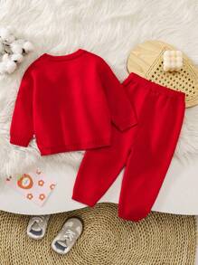 SHEIN 2 件套女婴蝴蝶结针织毛衣和裤子套装，秋冬季特殊纹理弹性舒适拼色服装，适合万圣节、圣诞节、返校、时尚休闲多种颜色，粉色甜美休闲装，适合居家、日常、派对 - 紅色 - 查看 2
