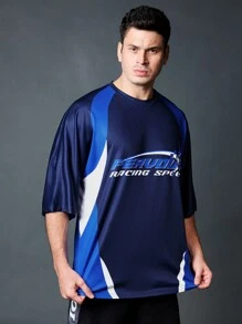 Coreblaze Boyfriend Style Men's Color Block Numeric Print Crew Neck Short Sleeve Sporty T-Shirt - Blue - View 5