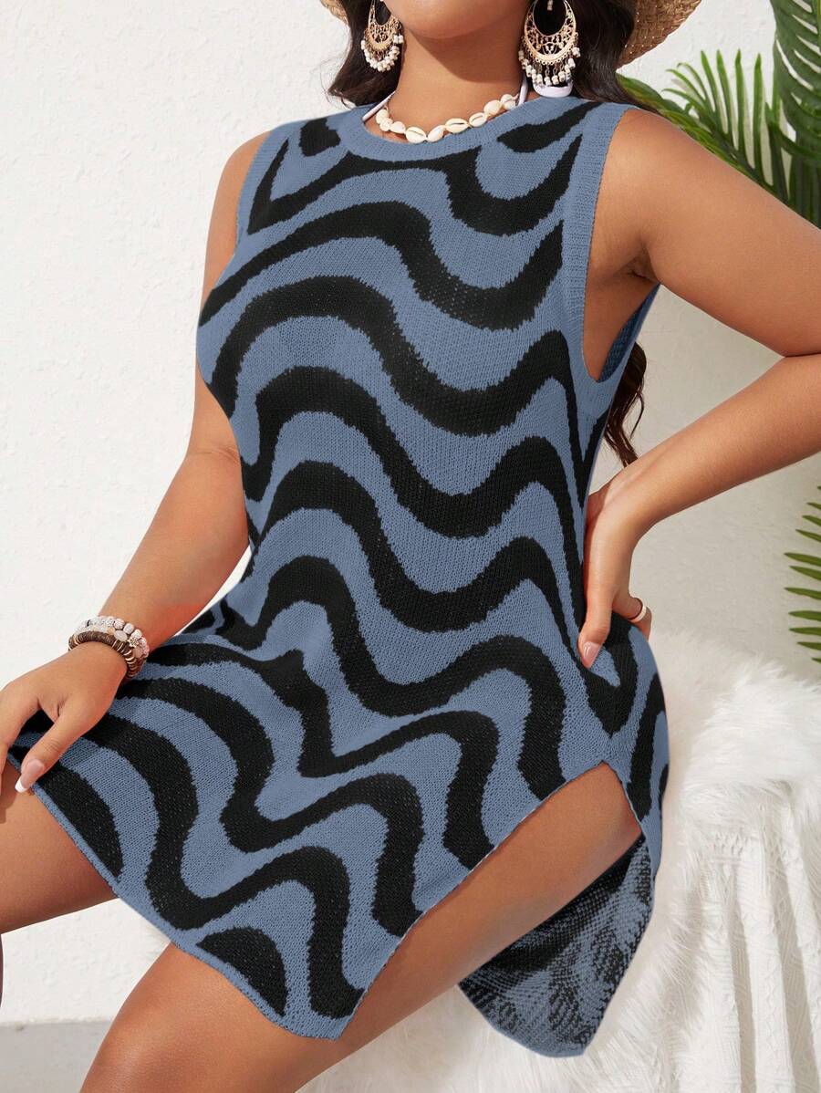 SHEIN Swim 大码女式度假波浪条纹圆领开衩下摆中长连衣裙夏季