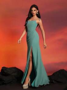 New Luxury Fashion Lady's Slim Fit Solid Color Spaghetti Strap High Slit Fish Tail Evening Dress - Mint Green - View 5