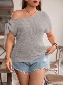 SHEIN LUNE 大码女式不对称领短袖宽松休闲套头针织衫，秋冬款 - 卡其色 - 查看 6