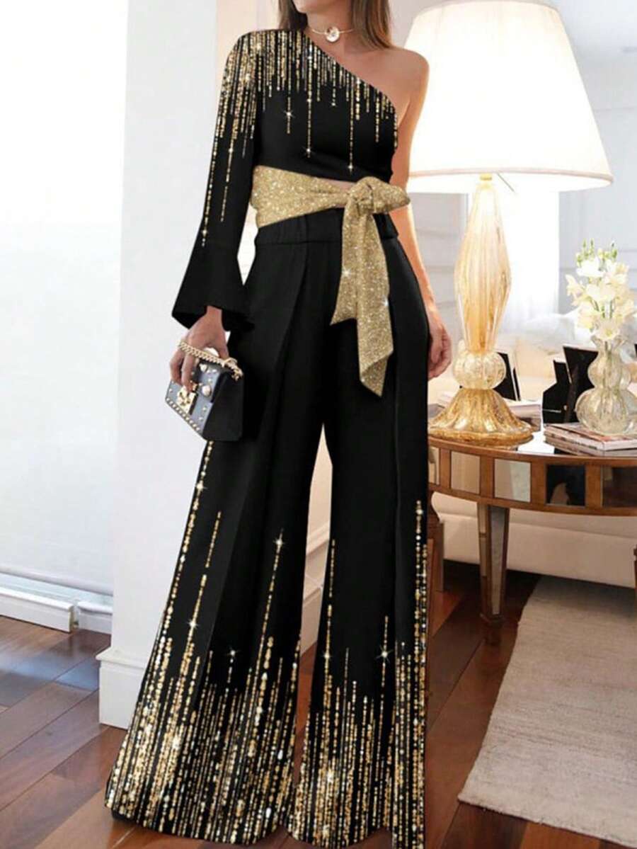 SHEIN Clasi Bộ áo liền quần dài tay bất đối xứng in hoa cỡ lớn, trang phục thường ngày - Vàng - Xem 1