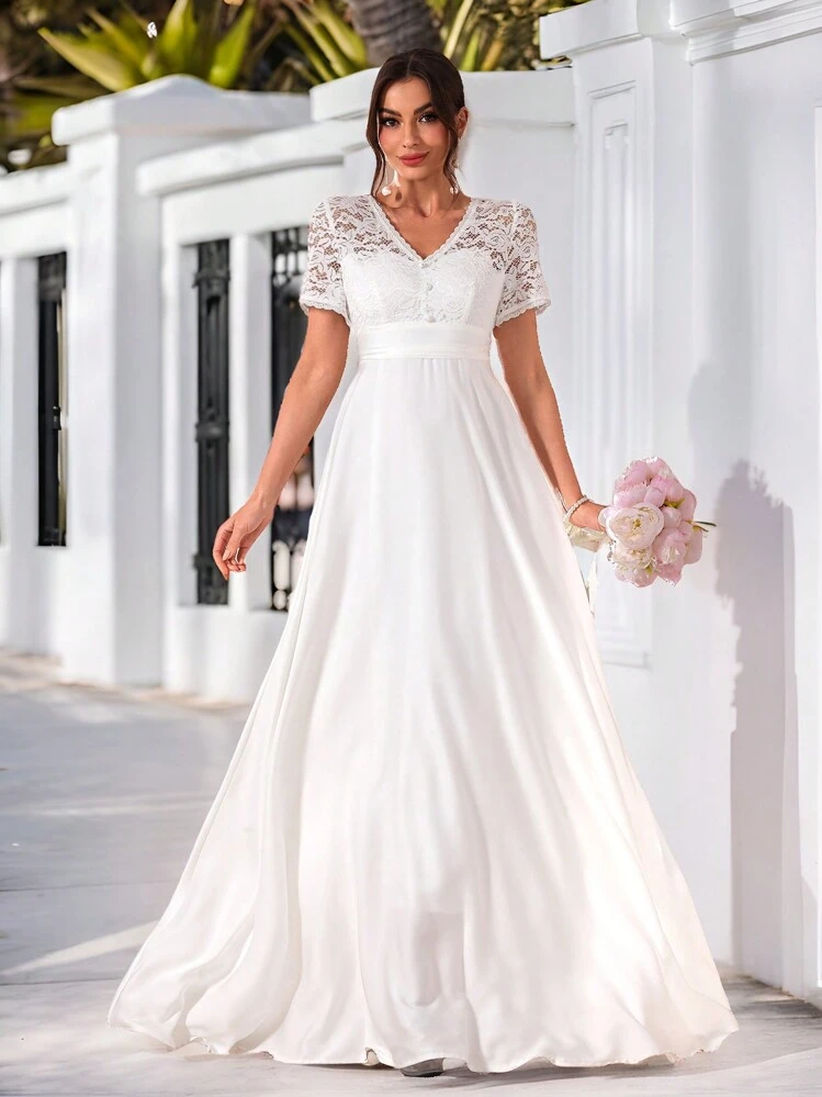 SHEIN Belle Váy hoa cổ chữ V ngắn tay phối ren, váy cưới - trắng - Xem 6