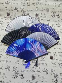 1 pieza, Abanico plegable japonés, estilo chino antiguo, abanico de tela de seda con mango largo mediano, artesanía de regalo, abanico de danza para mujeres - Multicolor - Ver 5