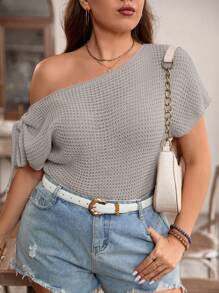 SHEIN LUNE 大码女式不对称领短袖宽松休闲套头针织衫，秋冬款 - 卡其色 - 查看 4