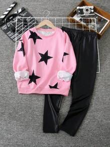 Tween Girl Loose Casual Sports Cute Knit Crew Neck Sweatshirt And Base Layer Pants Set