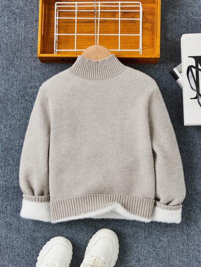 SHEIN Tween Boy's Casual Solid Color Stand Collar Fleece Sweater, Autumn/Winter