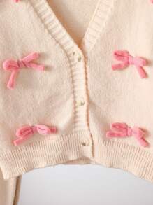 SHEIN 女童休闲卡其色针织开衫，带可爱蝴蝶结装饰，柔软舒适，适合日常穿着、上学、郊游、聚会，适合秋冬季 - 杏色 - 查看 4