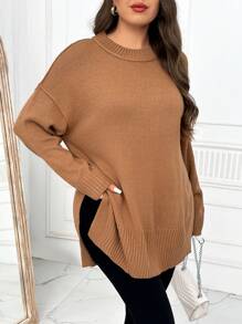 SHEIN LUNE Plus Size Women's Solid Color Crew Neck Long Sleeve Sweater, For Winter Knit Pullover Fall - Khaki - View 6