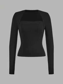 SHEIN EZwear 2 件套女士休闲修身长袖 T 恤，黑色和粉色，适合秋冬季 - 彩色 - 查看 3