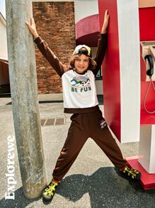 SHEIN 2pcs/Set Tween Boys Color Block Letter Print Casual Pullover And Pants Outfits, Suitable For Outdoor Daily Wear In Fall