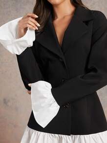 L'Amorae Contrast Ruffle Detail Button Down Blazer Dress - Black and White - View 3