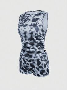INAWLY 2pcs Women Leopard Print Sleeveless Top And Shorts Set