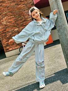 SHEIN 2 piezas/set Chaqueta larga y pantalones informales, elegantes, suaves y transpirables para niñas, cómodos y ligeros para actividades al aire libre, sesiones de fotos en la ciudad, camping