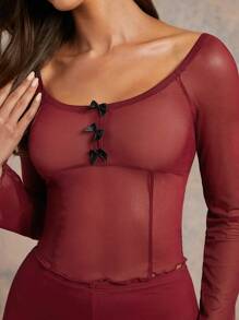 L'Amorae 2 Pcs Sheer Mesh Lettuce Edge Capri Legging Set - Burgundy - View 4