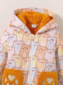 SHEIN Baby Boy Front Zipper Long Sleeve Allover Bear Print Fuzzy Pocket Hoodie, Casual Everyday Wear